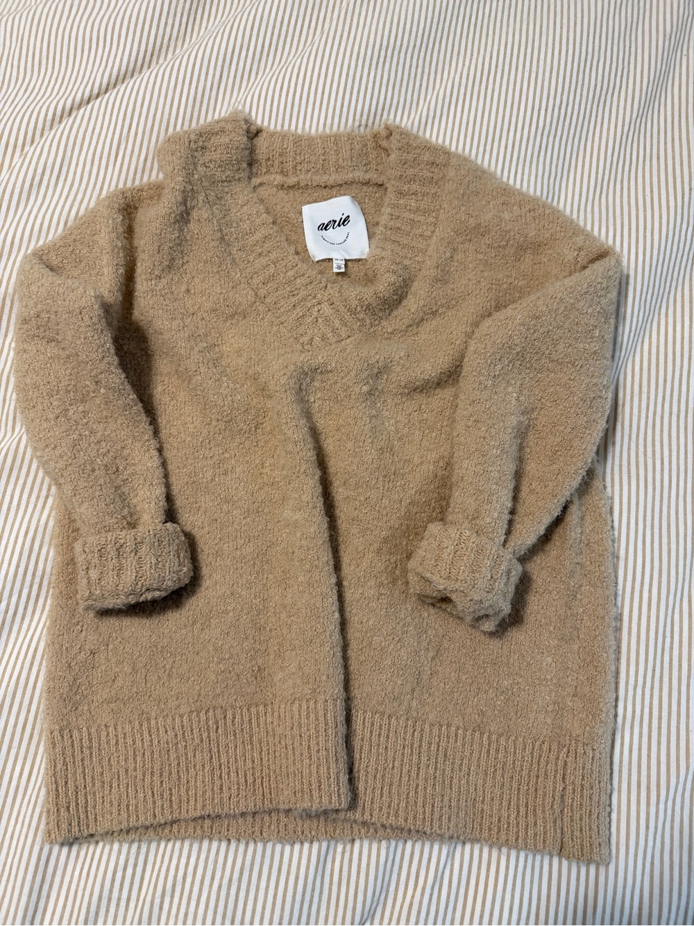 aerie Taupe V-Neck Fuzzy Sweater